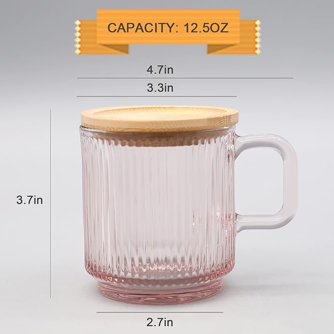 Lysenn Pink Glass Mug with Lid, Premium Glass Coffee Mug, 12 oz Tea Cup |