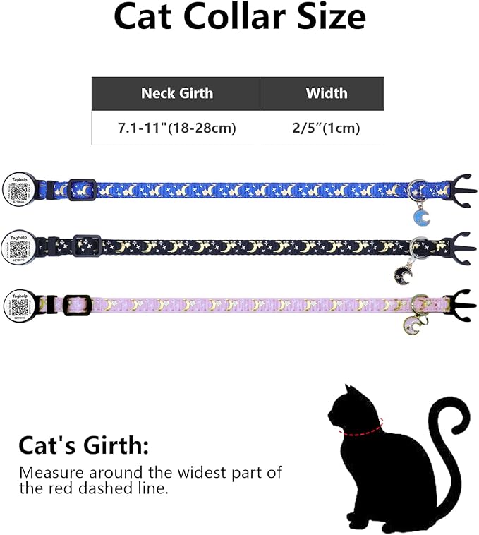 2PCS Breakaway Cat Collars with Moons Stars Cute Kitty Adjustable Safe Kitten Collars with Smart ID QR Code tag,Moon and Star Kitten Safety Collars for Boys & Girls(Black & Purple)