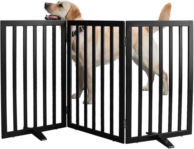 ZJSF Freestanding Indoor Dog Gate for House Foldable Wood Puppy Gate for Doorways Pet Gate for Stairs Extra Wide Pet Fence, Black, 32" Height 3 Panels