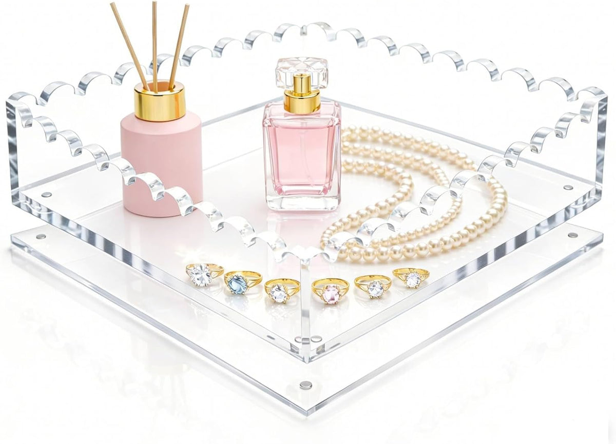 Acrylic Tray, Clear Vanity Jewelry Perfume Organizer with Scalloped Edge