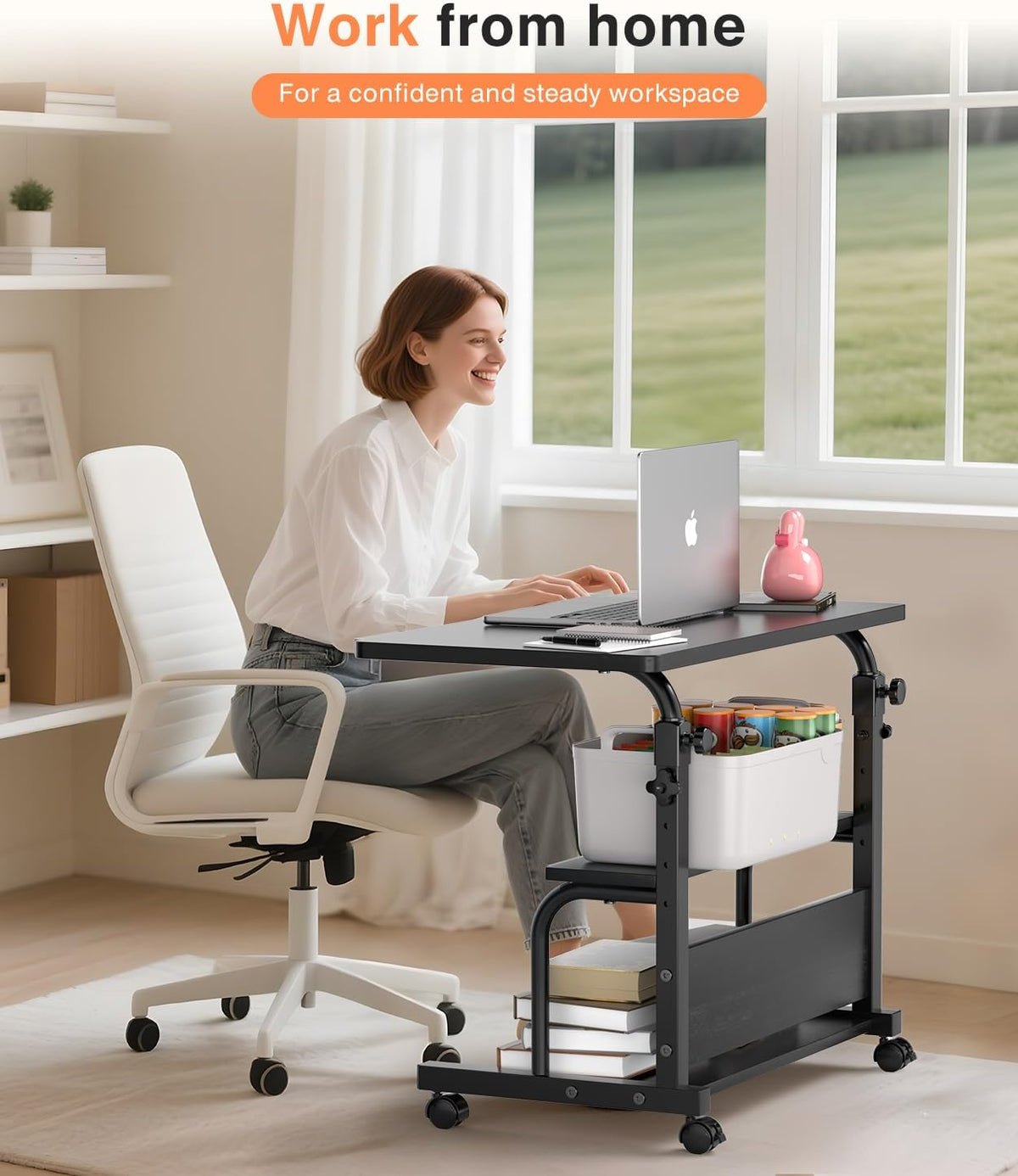 QZMDSM Portable Rolling Desk on Wheels Adjustable Height Desks for Small Spaces, 32" Computer Desk Drafting Tables with Storage Shelves for Home Office Black