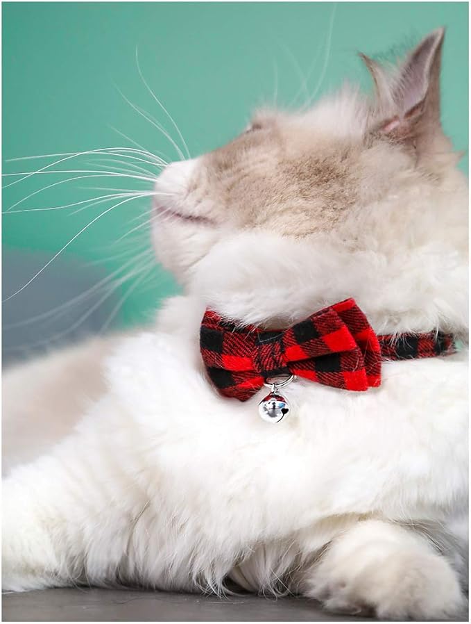 Red Plaid Cat Collar with Bell and Bow, Breakaway Kitten Collar with Bells Bowtie Puppy Collars for XXS Xs Small Little Tiny Pet Dogs Boy Girl, for Christmas Hoilday Birthday Party