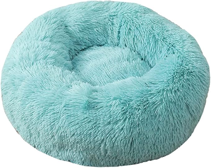 Calming Faux Fur Dog Beds Calming Donut Cuddler Dog Bed Washable Round Cat Bed Pillow Cuddler Fluffy Indoor Dog Calming Beds with Anti Slip Bottom Solid Color Lake Blue 43 Inch