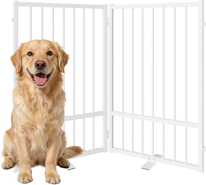 Full Metal Freestanding Dog Gate with Door, 32''Height Foldable Pet Dog Fence for Indoor & Outdoor, 2 Panels Extra Wide Free Standing TallDog Gates for Doorways,House,Stairs,Porch,Deck,Yard