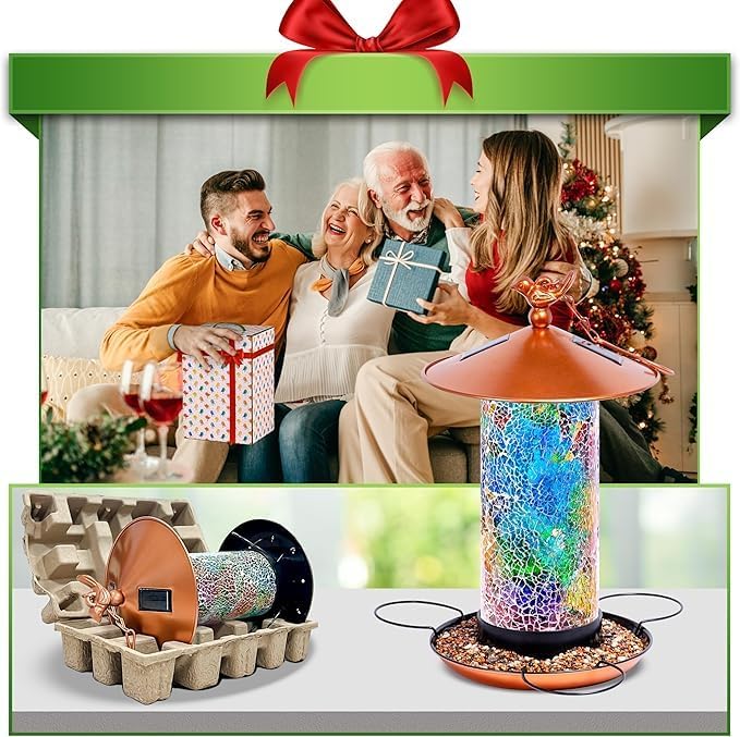 Ottsuls Mosaic Solar Bird Feeder for Outdoors Hanging, Waterproof Lantern Shape with S-Hook & 4 LED Lights, Garden Decor for Lawn, Patio, Balcony, Yard - Unique Gifts for Bird Lovers