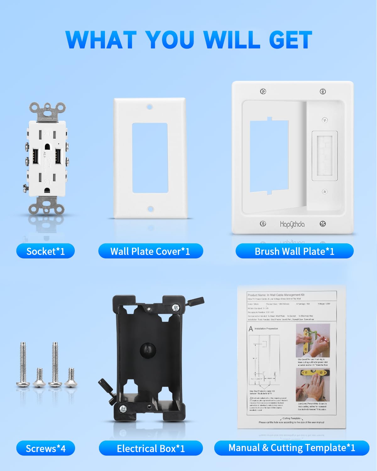 in Wall Cable Management Kit for TV, Recessed Outlet with USB, TV Cable Hider Wall Kit, Wall Cable Management for Low Voltage, TV Cord Hider for Wall Mounted TV, White