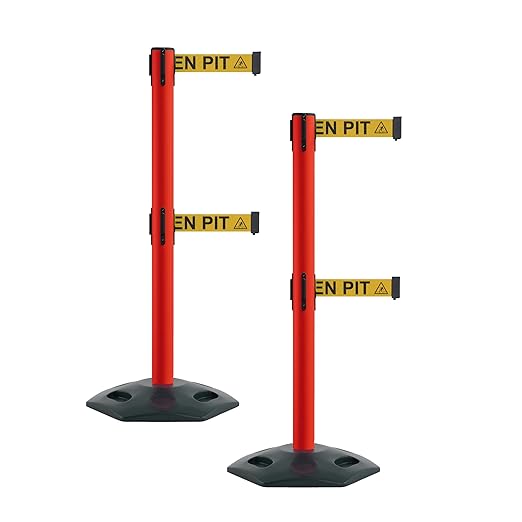 Montour Line MSR630D Set of 2 Retractable Belt Barrier Stanchion, Heavy-Duty Rubber Base, Red Post (7.5 ft Yellow with"Beware Open Pit" Black Letter Open Pit Logo Dual Belt)