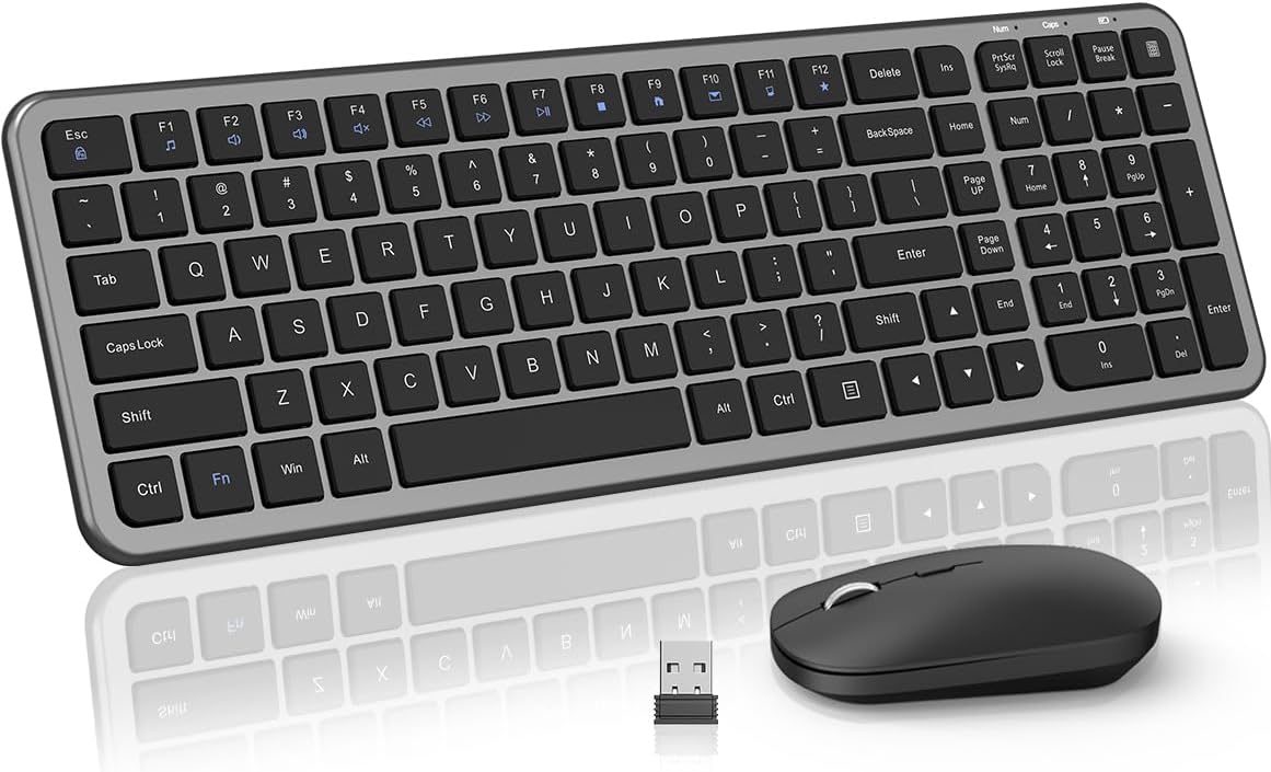 Wireless Keyboard and Mouse Combo, Slim Compact Full Size Flat Keyboard with Calculator Button, Silent Computer Mouse, 2400 DPI, 2.4G USB Cordless Set Suitable for Laptop PC Windows Mac - Gray ﻿