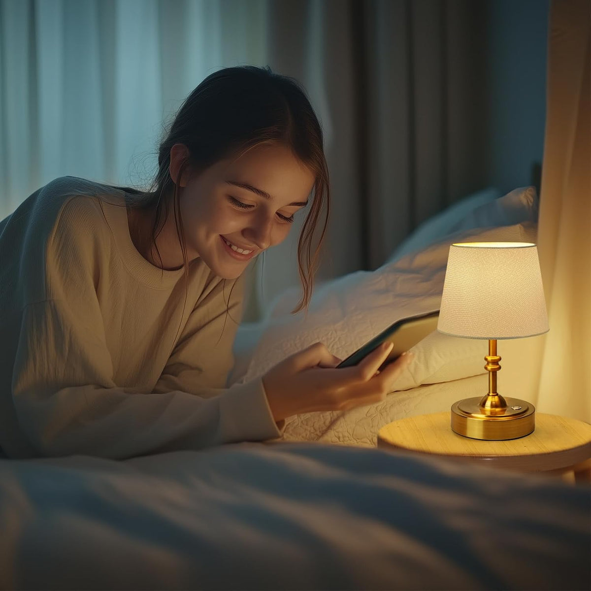 ONEWISH Small Cordless Lamp Dimmable-Battery Operated Table lamp, 4000mAh Rechargeable, Touch Bedside Lamp with White Fabric Shade, 2700K Bulb Included, for Dining, Patio, Bathroom(Gold)