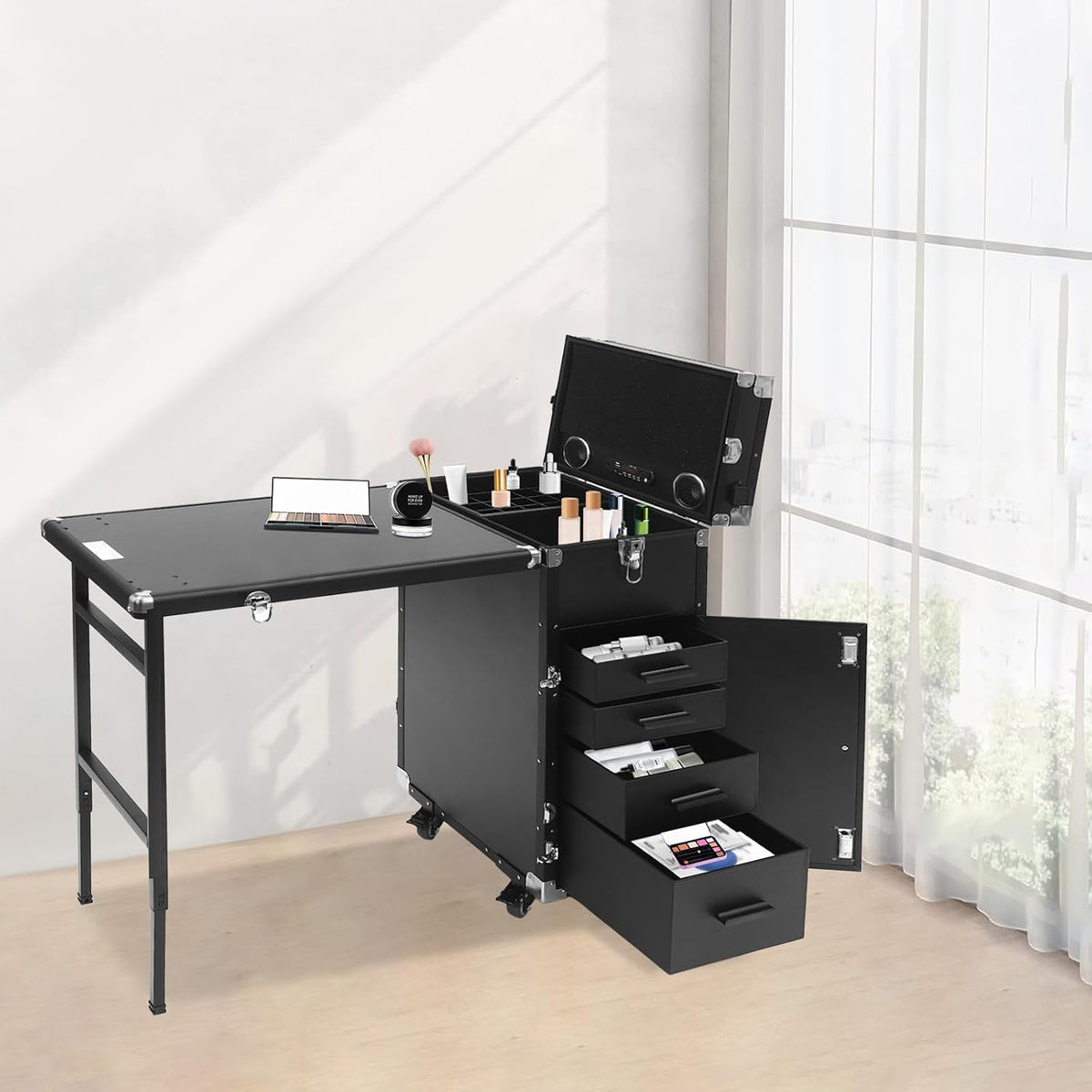 Cosmetic Trolley Storage Organizer, Foldable Nail Tables with 4 Drawers Mirror&Speaker for Hair Stylists Pet Groomers Makeup Artists Technician Workstation Salon
