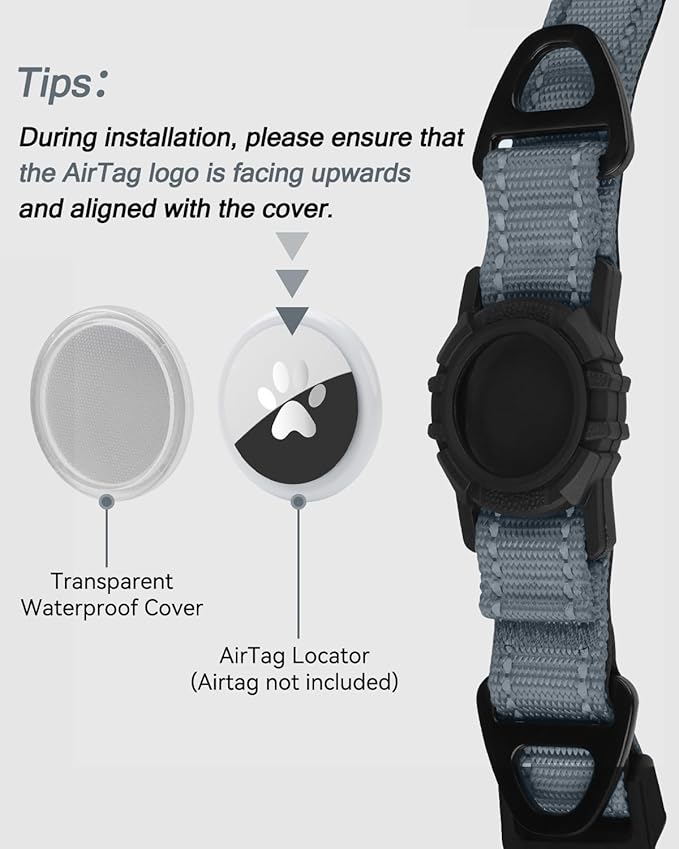 Joytale Airtag Dog Collar, Reflective Pet Collar with Waterproof AirTag Holder, Dual D-Rings, Soft Padded Adjustable for Extra Large Dogs, Gray, XL