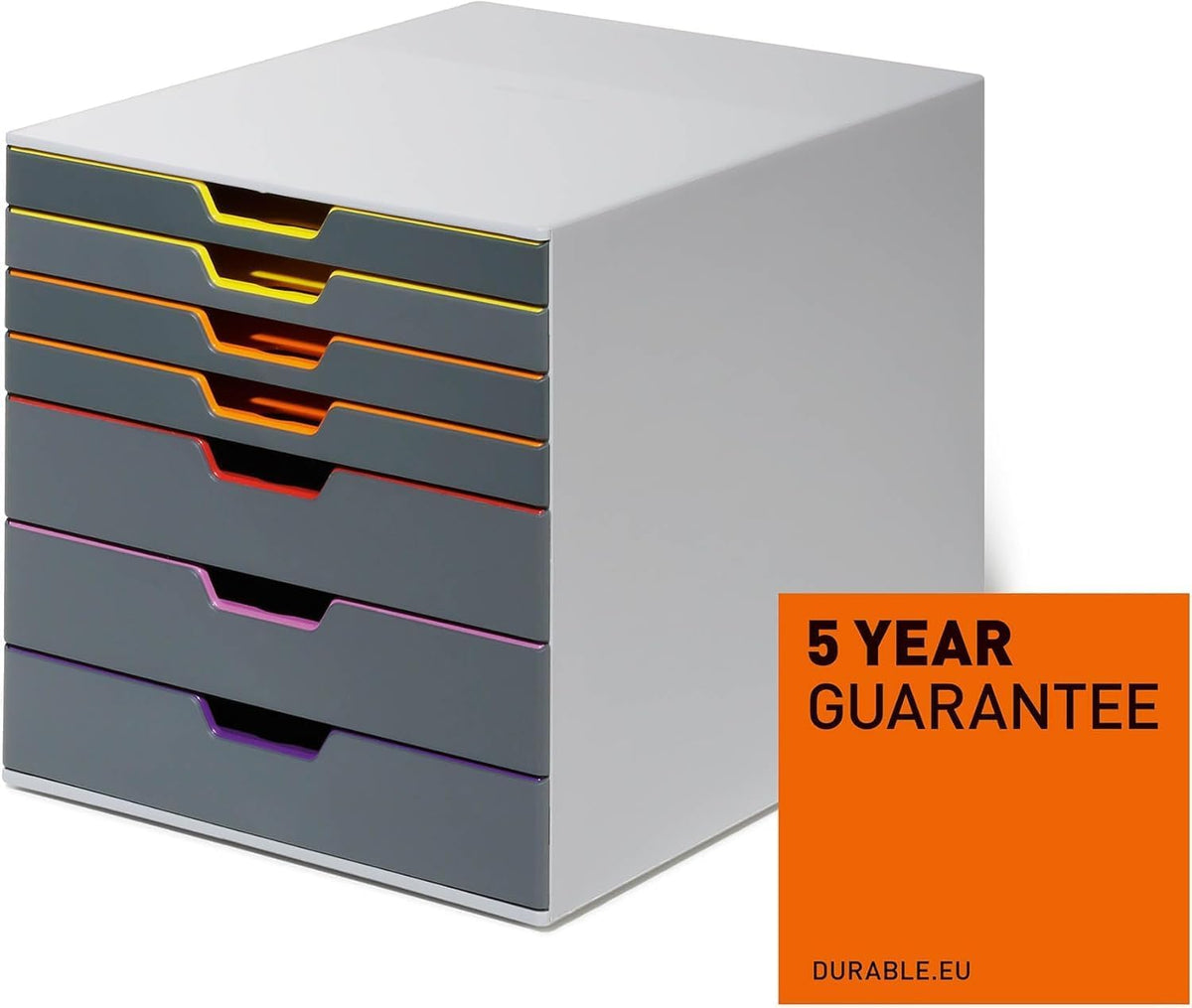 Durable Varicolor Drawer Organizer, 7 Color Coded Drawers, Gray