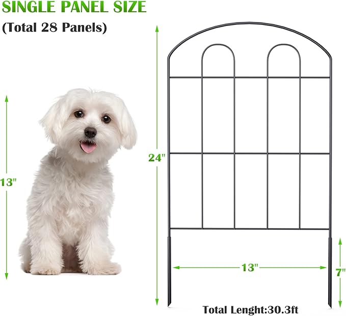 28 Pack Decorative Garden Fence Outdoor 24in (H) x 30ft (L) Coated Metal RustProof Landscape Wrought Iron Wire Border Folding Patio Fences Flower Bed Fencing Animal Barrier Section Panels Decor