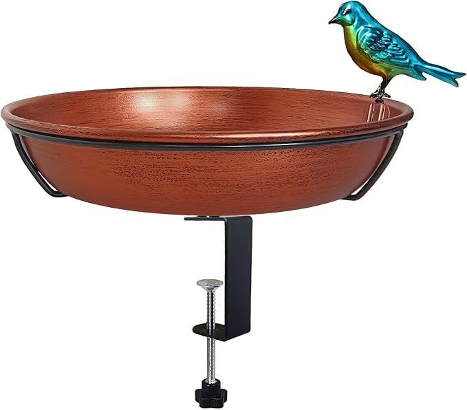 Deck Bird Bath for Outdoors, 11" Copper Metal Birdbath Bowl with Adjustable Big Steel Clamp Backyard Bird Bath&Bird Feeder for Railing Balcony Fence Yard Art Garden Decor