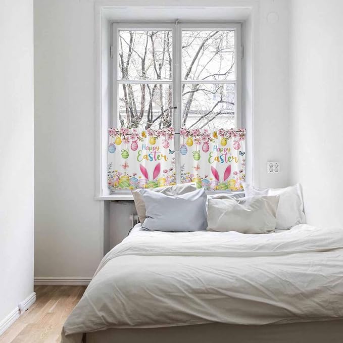 Happy Easter Half Window Curtain 36 Inches Long, Spring Watercolor Bunny Eggs