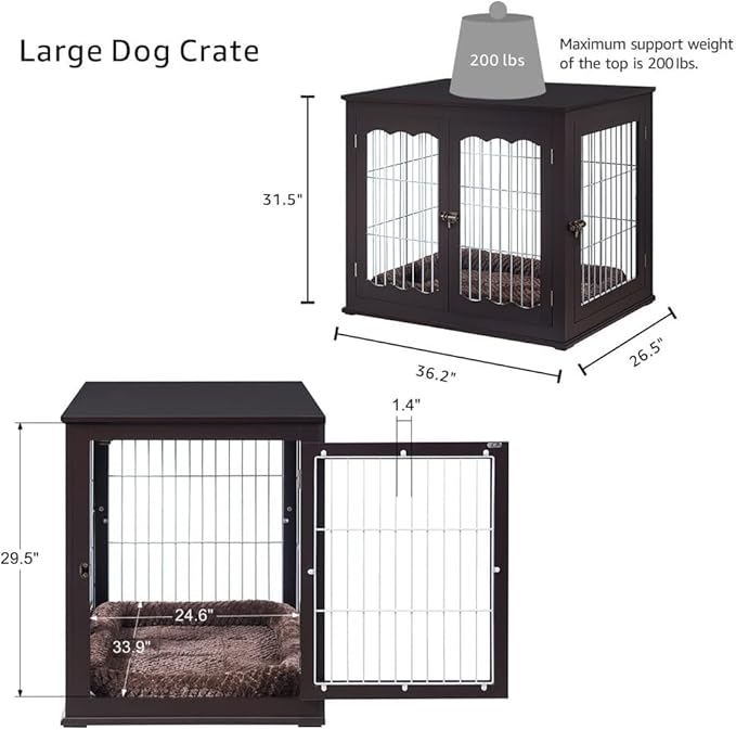 unipaws 36 Inch Furniture Style Dog Crate End Table with Cushion, Wooden Wire Pet Kennels with Double Doors, Large Dog House Indoor Use
