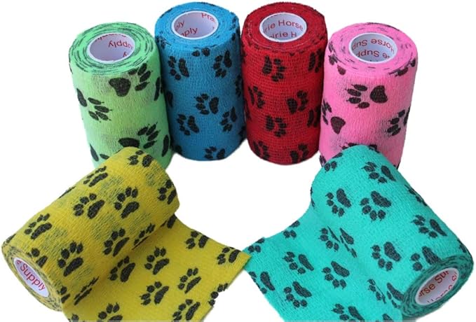 Prairie Horse Supply 3 Inch Vet Wrap Tape Bulk (Assorted Paw Prints) (Pack of 6) Self Adhesive Adherent Adhering Flex Bandage Grip Roll Dog Cat