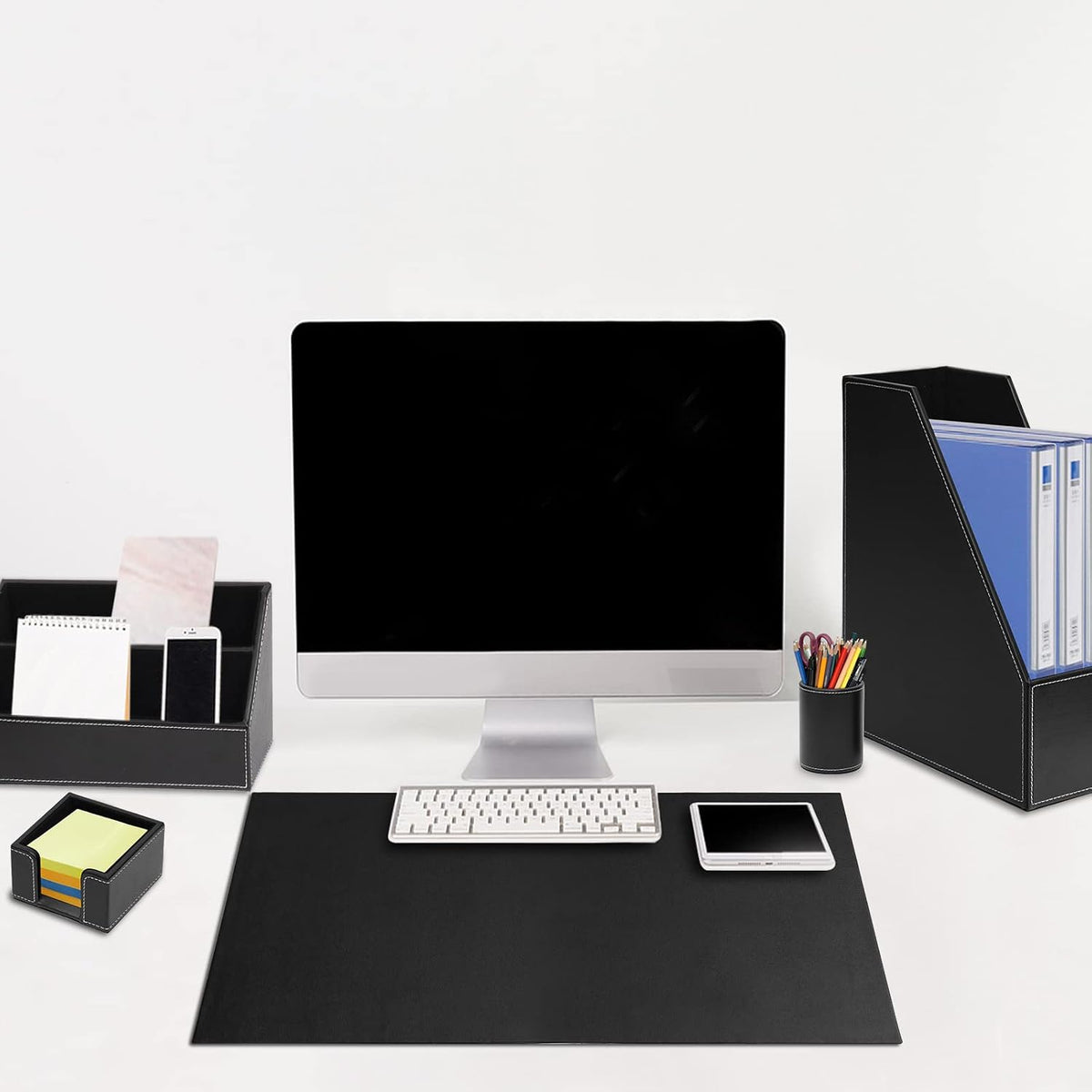 6 Piece Office Supplies/Desk Organizer Set with Desktop Leather Writing Pad,File Paper Tray,Magazine folder Holder, Pen Cup,Sticky Note Holder,Letter Mail Sorter,Workspace Decor for Women Men Black
