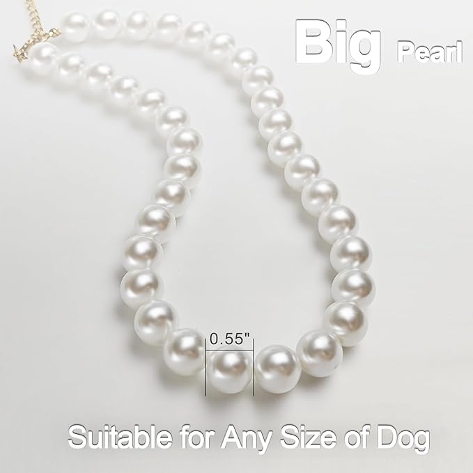 Chunky Pearl Dog Collar Large Breed (0.55 Inch), Adjustable Dog Necklace, Beaded Dog Collar Imitation White Pearls, Elegant Dog Jewelry Suit for Medium Large Dog 17"-19.8" Inner Circumference