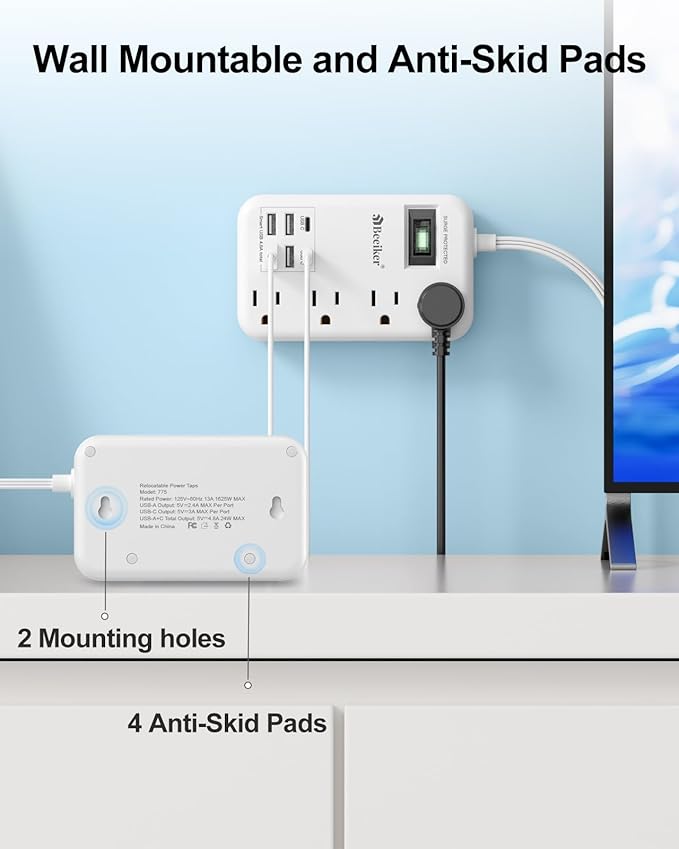 6 USB(2 USB C) Surge Protector Power Strip- 10 Ft Extension Cord with 24W USB Charging Station and 4 Outlets, Long Flat Extension Cord with Multiple Outlets for Travel Home Office Dorm White