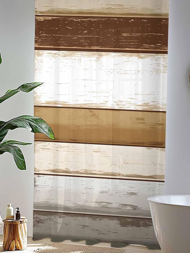 Sheer Curtains 108 Inches Long, Vintage Country Geometric Striped Privacy Voile