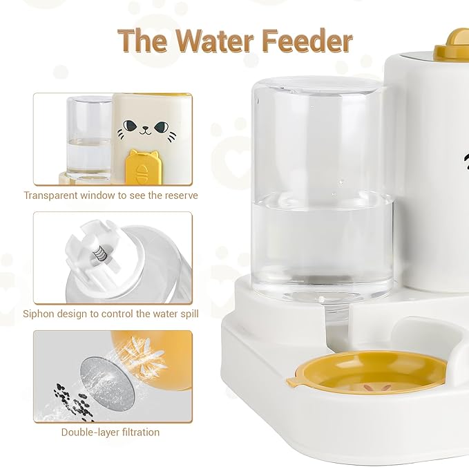 2-in-1 Gravity Pet Feeder & Water Dispenser for Cats Dogs - Large Capacity Cat Food Station with Water Bowl, Travel-Friendly (Yellow)