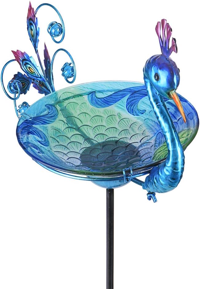 MUMTOP Outdoor Bird Bath Solar Birdbath Small Birdfeeder with Peacock Metal Stake for Garden Yard Decor