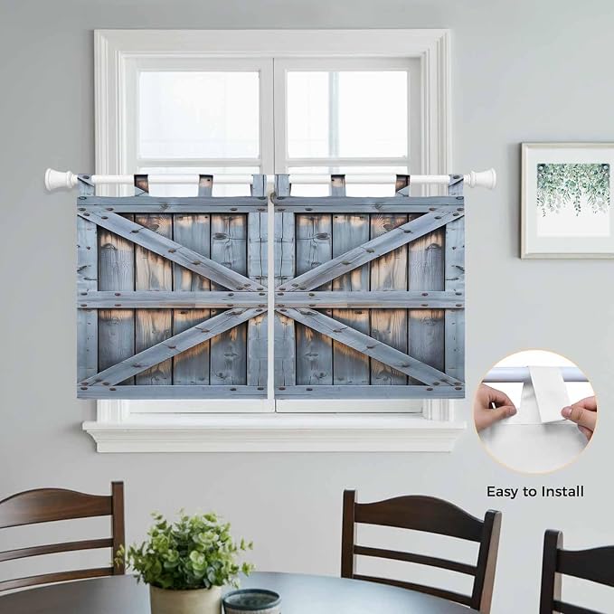 Farmhouse Wood Grain Kitchen Curtains 36 Inch Length, Small Window Curtains Tab
