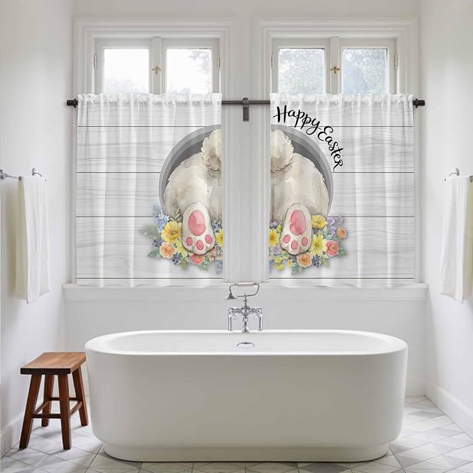 Easter Bunny Kitchen Tier Curtains 45 Inch Long 2 Panel Set, Rod Pocket Short