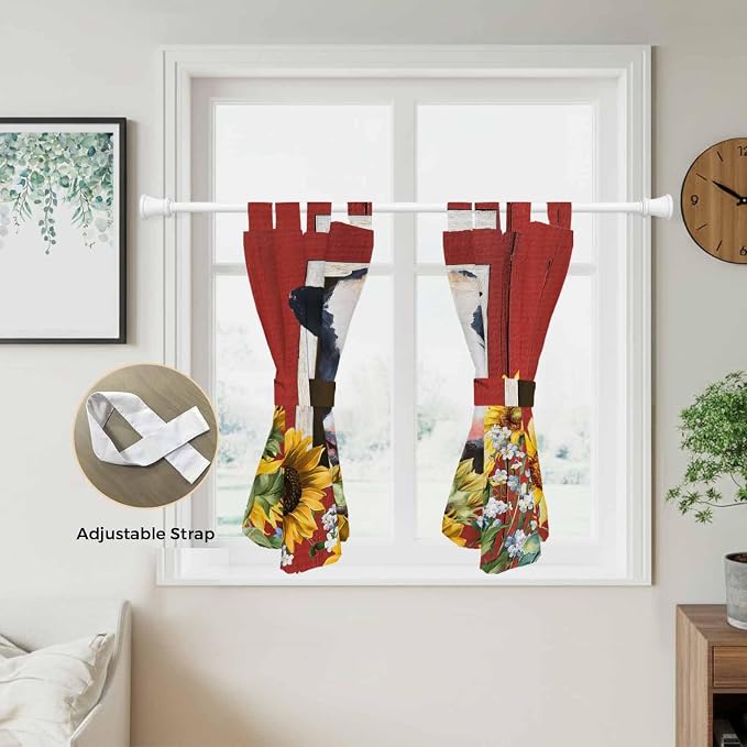 Cow Sunflowers Kitchen Curtains 45 Inch Length, Short Cafe Window Curtains Tab