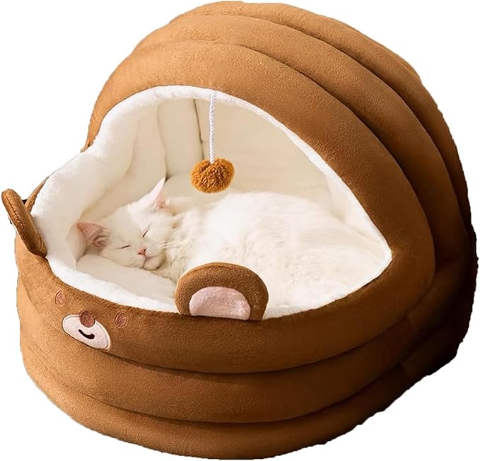 Cat Bed for Indoor Cats, Dog Bed with Anti-Slip Bottom, Rabbit-Shaped Cat/Small Dog Cave with Hanging Toy, Puppy Beds with Removable Cotton Pad, Super Soft Calming Pet Sofa Bed (Brown, Small)