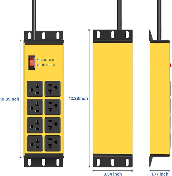CCCEI Yellow Heavy Duty Power Strip Surge Protector 20 AMP, 8 Outlets 12 Gauge Industrial Shop Garage Metal Multiple Outlets, 6 FT Extension Cord 5-15P Adapter High Amp 6-20R T-Slot 20a for Appliance