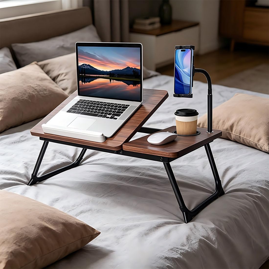 wishacc Lap Desk for Bed, Foldable Laptop Bed Tray Table with Independent Adjustable Tablet & Phone Stand, Portable Work from Couch Desk Tray with Mouse Area, Computer Laptop Holder for Recliner Sofa