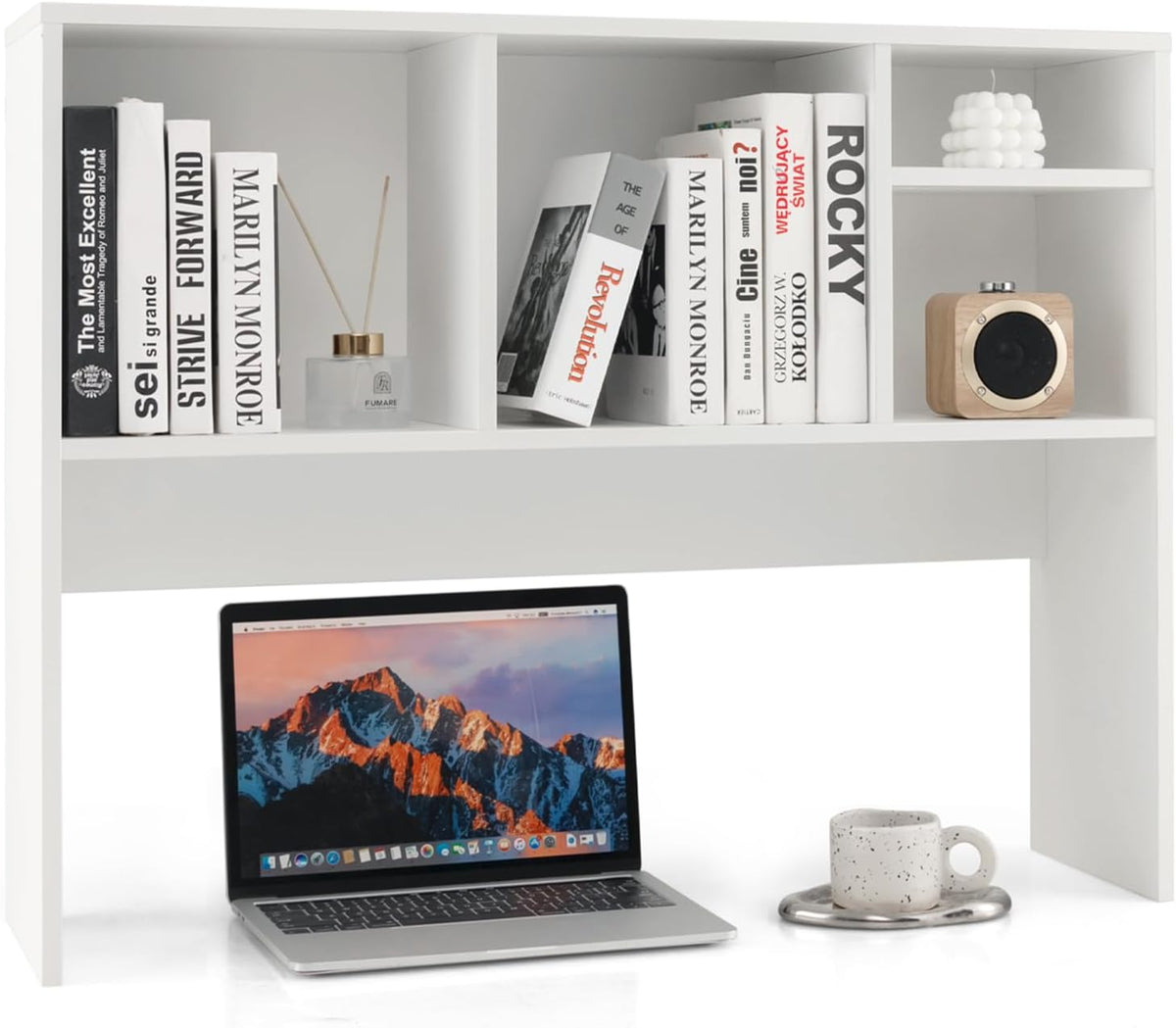 GOFLAME Desk Hutch Dorm White, 4 Cubes Desktop Bookshelf, 37” Wood Tabletop Storage Organizer Shelf for Computer Monitor, Modern Countertop Display Hutch, Home Office, Study