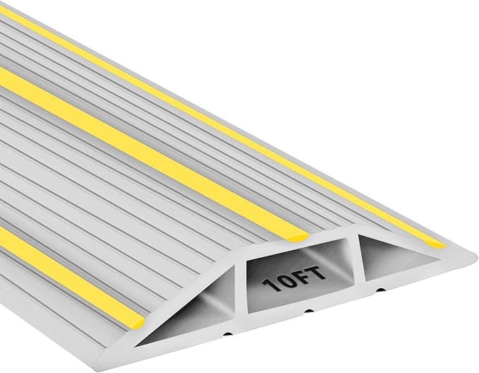 10Ft Cord Covers for Wires on Floor, 3-Channel Floor Cord Cover with Anti-Slip Base & Yellow Warning Strips, Extension Cord Covers for Floor, Ideal for Home, Office, Outdoor Use
