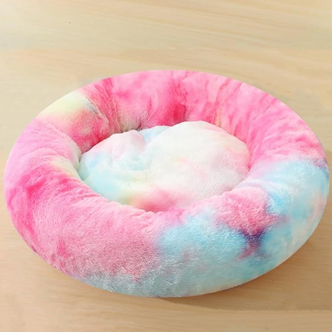 Calming Small Dog Bed & Cat Bed, 16 Inch Donut Fluffy Anti-Anxiety Round Bed Washable Cute Bed, Cuddler Warming Cozy Soft Bed, Plush Cushion Bed for Small Medium Dogs and Cats (Rainbow)