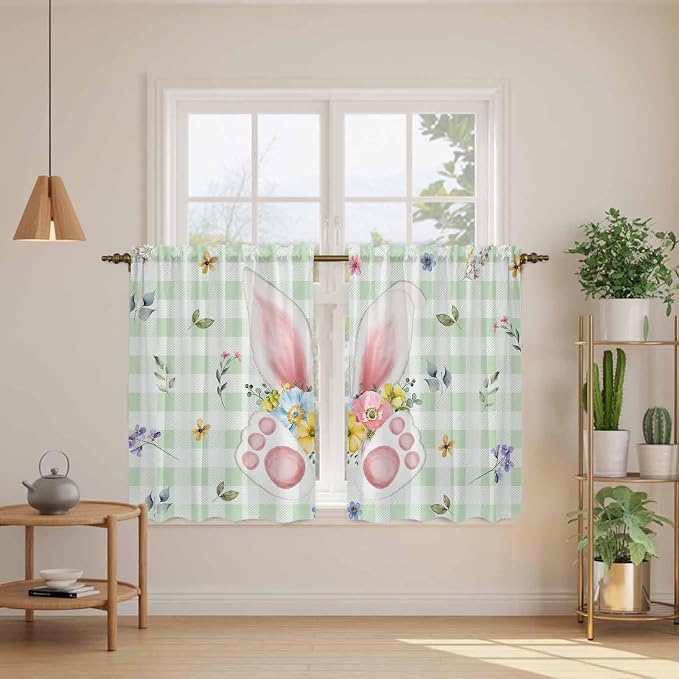 Easter Kitchen Tier Curtains 45 Inch Long 2 Panel Set, Rod Pocket Short Window