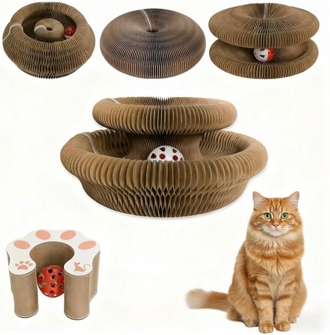 Cat Scratcher Toys for Indoor Cats - Kitty Kurlz Magic Organ Cat Scratcher Board, Cardboard Cat Scratching Board Ball Scratcher Pad