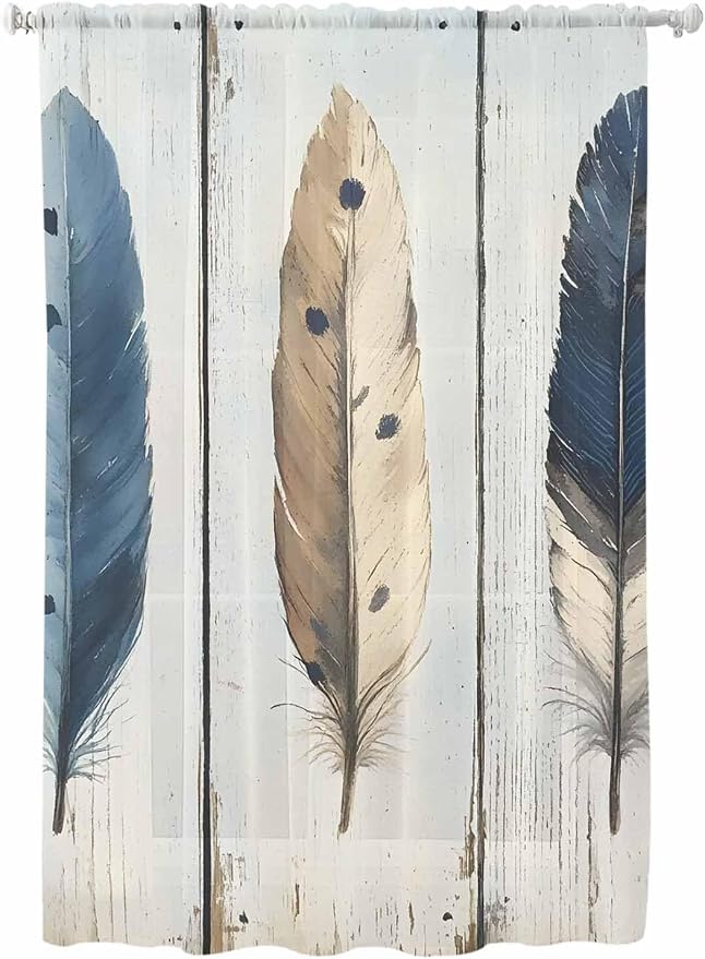 Sheer Curtains 72 Inches Long, Farmhouse Feather Semi Sheer Curtains Light