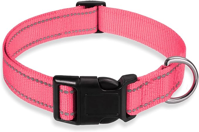 Reflective Dog Collar with Buckle Adjustable Safety Nylon Collars for Small Medium Large Dogs, Light Pink M