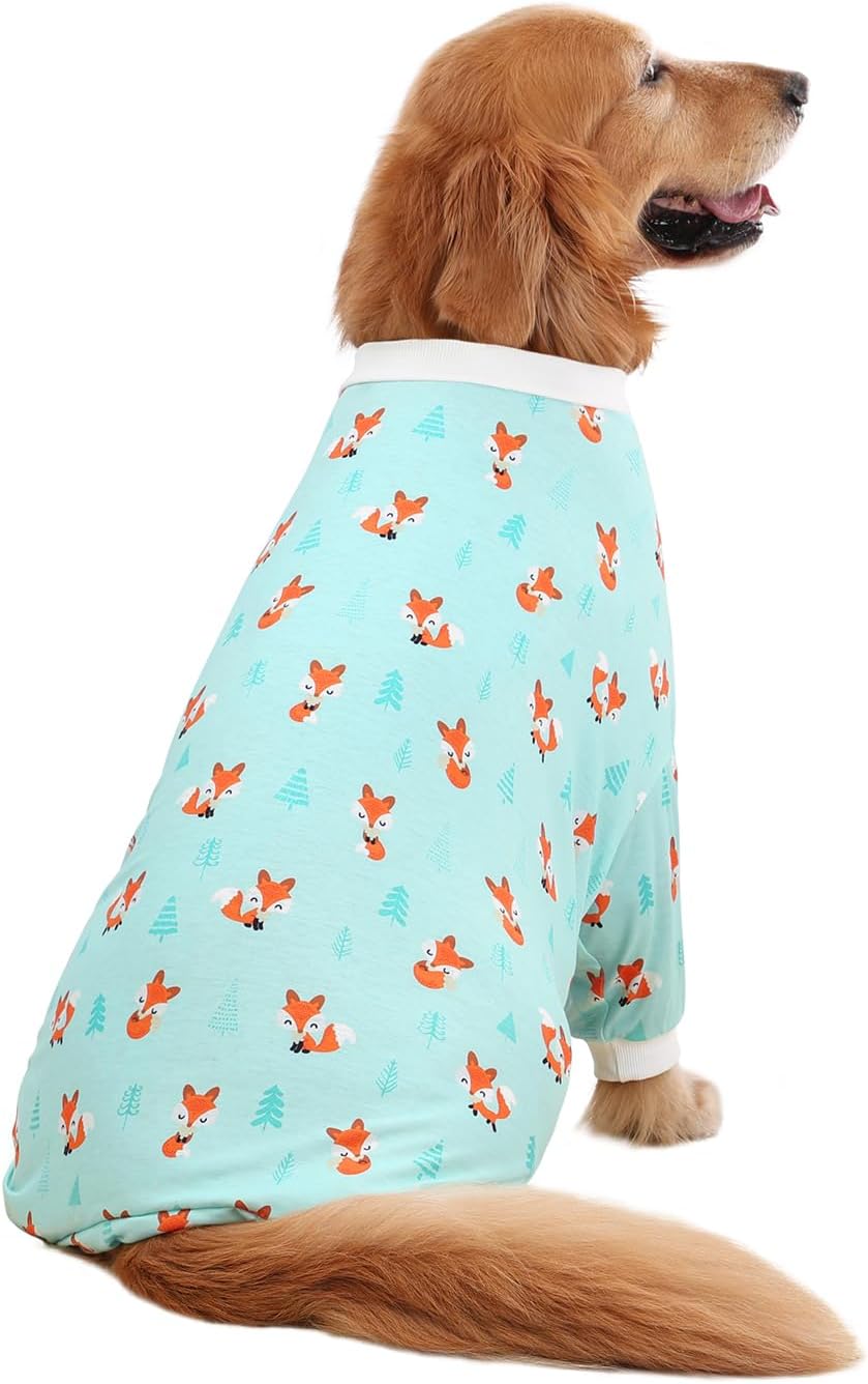 HDE Dog Pajamas One Piece Jammies Jumpsuit Pet Clothes Outfit Stretchy Lightweight Comfy Shirt Pjs for M-3XL Dogs Winter Foxes - XL