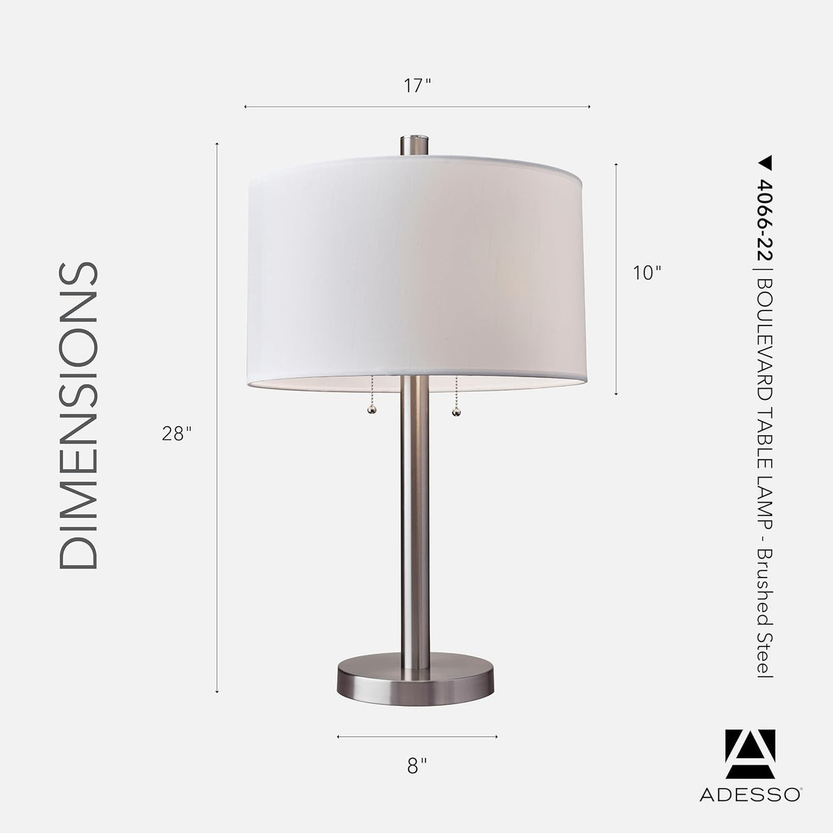 Adesso 2-Light Table Lamp, Brushed Steel & White, Dual Pull Chains, 28”