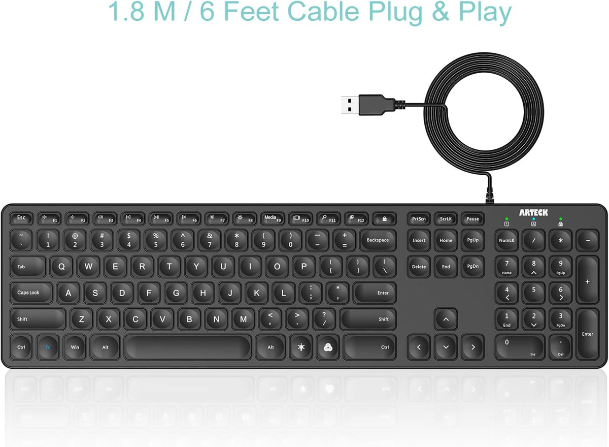 Arteck Backlit USB Wired Full Size Keyboard with Media Hotkey for PC and Laptop