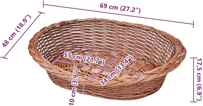 Natural Willow Dog Basket 27.6 Inch Lightweight Oval Pet Bed, Handwoven Wicker Basket for Cats Dogs Bunnies, Durable Portable Indoor Outdoor Pet Furniture with Easy