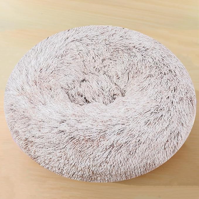 Large Calming Dog Bed, 47 Inch Anti-Anxiety Donut Dog Cuddler Cat Bed, Warming Cozy Soft Dogs Round Bed, Fluffy Faux Fur Machine Washable Pet Cushion for Medium Large Dogs & Cats (Coffee White)