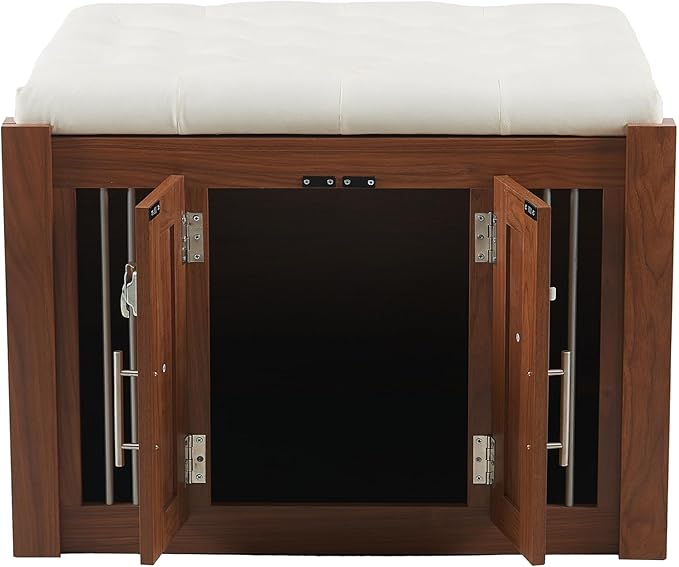 2 in 1 Night Stand with Storage & Dog Crate Furniture, Luxury Wooden Side Table Dog Kennel, Dogs Cage House Kennel End of Bed Bench Ottoman with Removable Cushion,Walnut-MDFMetal