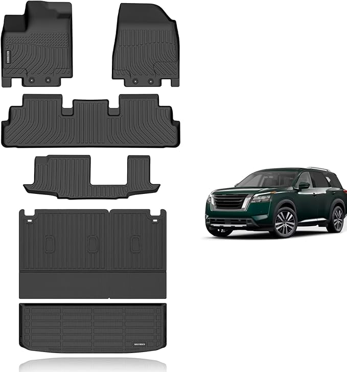 KELCSEECS® Floor Mats & Cargo Liner with Seatback Mats Custom for Nissan Pathfinder 2022-2025 8 Seat/Infiniti QX60 7 Seat All Weather Protection TPE Floor Liners Full Set Pathfinder Accessories Black