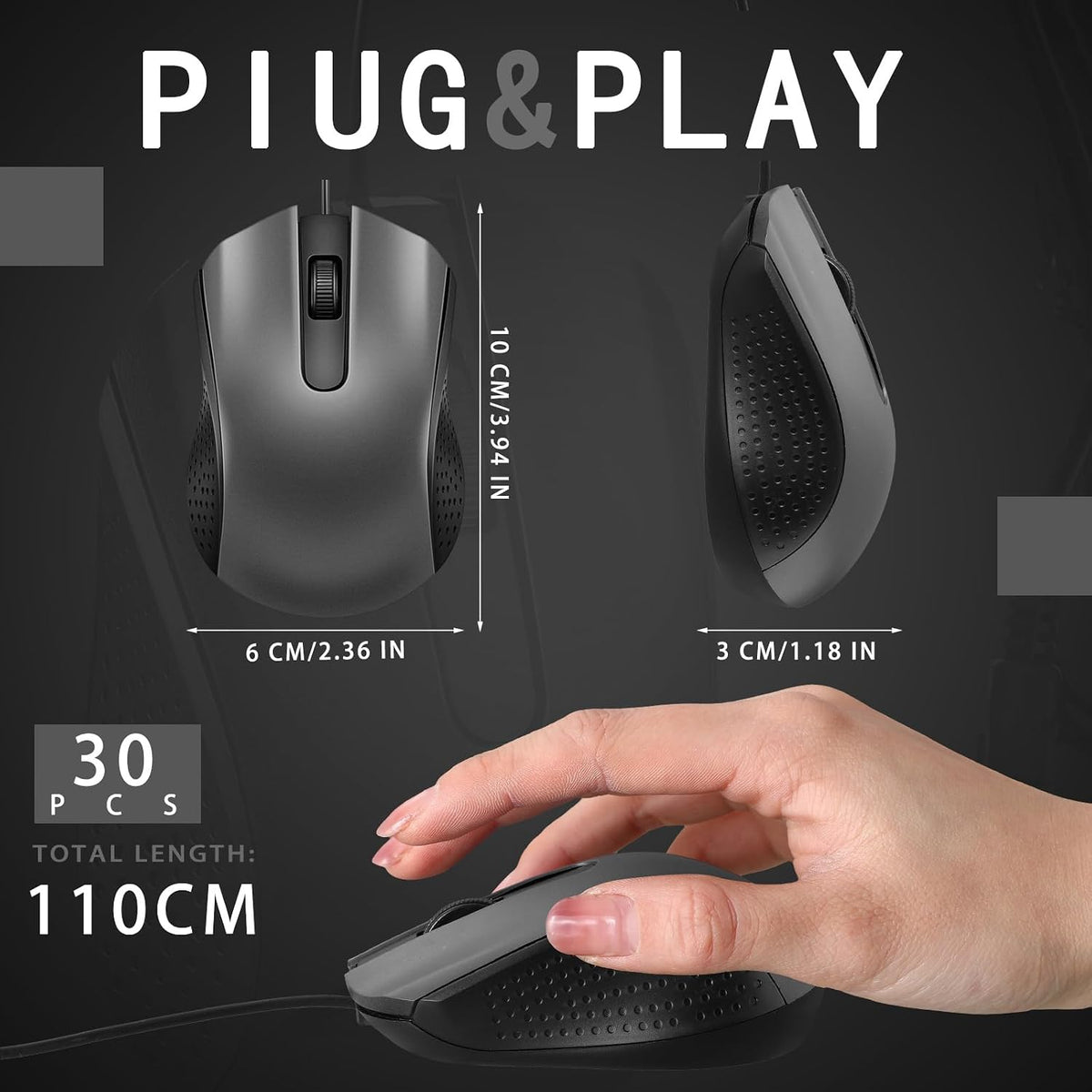 Bonuci 30 Pack Computer USB Wired Mouse Bulk 3 Button 800/1200 DPI Gray
