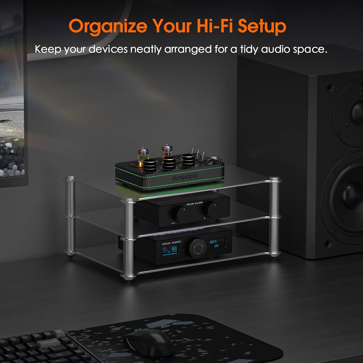 DoukAudio Aluminum Audio Rack Stand: Multi Layer Desktop HiFi Shelf for Amplifier Preamp DAC Ventilated Modular Storage Rack CNC Build Home Studio Setup