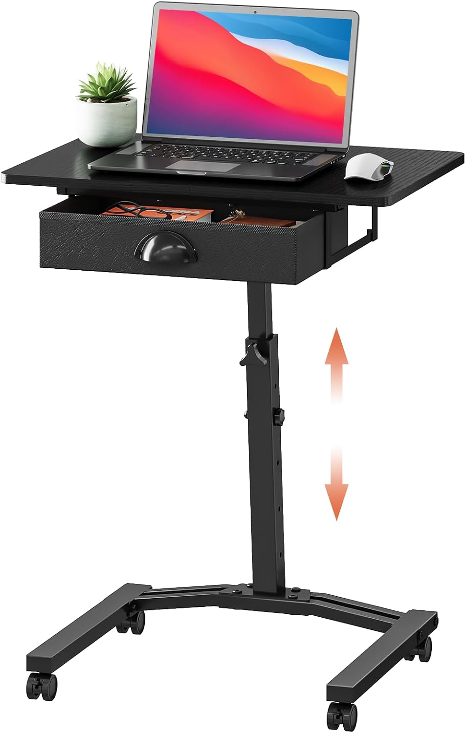 Rolling Adjustable Height Computer Desk With Drawers, Small Mobile Laptop Desk Cart On Wheels For Small Spaces Home Office, Portable Sitting Laptop Table For Bed Couch Load Up To 60LBS, Sturdy, Black